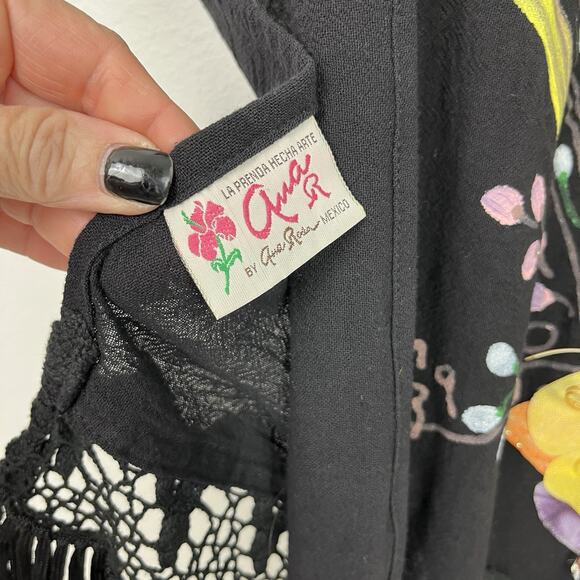 Vintage Ana Rosa Signed Scarf Mexico Art Hand Painted Crafted Fringe Shawl Black - Picture 6 of 6